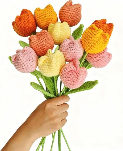 12Pcs Handmade Crochet Tulip Bouquet, Completed Knitted Yarn Artificial Tulips, Charming Knitted Flower Bouquet for Valentine's Day Mother's Day Birthday Anniversary in Kuwait