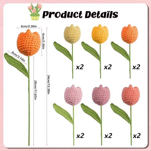 12Pcs Handmade Crochet Tulip Bouquet, Completed Knitted Yarn Artificial Tulips, Charming Knitted Flower Bouquet for Valentine's Day Mother's Day Birthday Anniversary in Kuwait