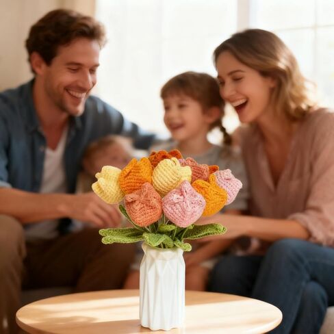 12Pcs Handmade Crochet Tulip Bouquet, Completed Knitted Yarn Artificial Tulips, Charming Knitted Flower Bouquet for Valentine's Day Mother's Day Birthday Anniversary in Kuwait