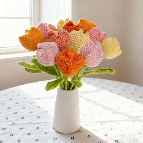 12Pcs Handmade Crochet Tulip Bouquet, Completed Knitted Yarn Artificial Tulips, Charming Knitted Flower Bouquet for Valentine's Day Mother's Day Birthday Anniversary in Kuwait