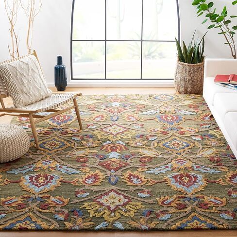 سجادة منطقة SAFAVIEH Blossom Collection - 9 × 12 بوصة، خضراء ومتعددة، صوف مصنوع يدويًا، مثالية للمناطق ذات حركة المرور العالية في غرفة المعيشة وغرفة النوم (BLM402B) in Saudi Arabia