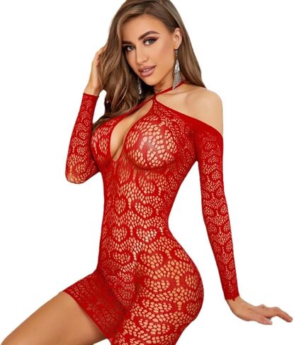 Women’s Red Lace Lingerie with Long Sleeves, Hollow Out Red Lingerie Dress with Off-Shoulder Design in Saudi Arabia