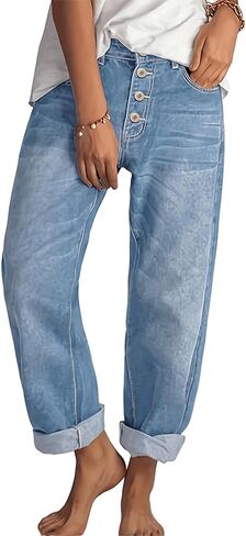 بنطلون جينز نسائي عالي الخصر مستقيم الساق فضفاض بأزرار من قماش الدنيم ذو لون عتيق ومغسول غير رسمي مرتفع الارتفاع in Kuwait