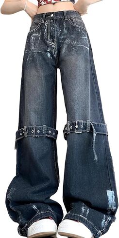 Y2K Grunge Vintage Gothic Casual Style High Waist Straight Wide Leg Jeans Straps Tie-Dye Trim Denim Pants in Saudi Arabia