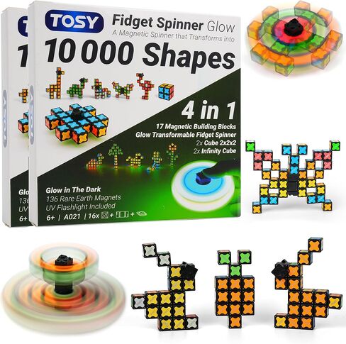 Tosy Magnet Fidget Spinner Glow - 3 في 1 لعبة: تململ Transformable مع 136 مغناطيسًا ، مكعب Infinity ، 2x2 Puzzle Cube للمبتدئين ، متوهج ، تخفيف الإجهاد ، هدية عيد الفصح عيد الحب (مجموعة من 2) in Kuwait