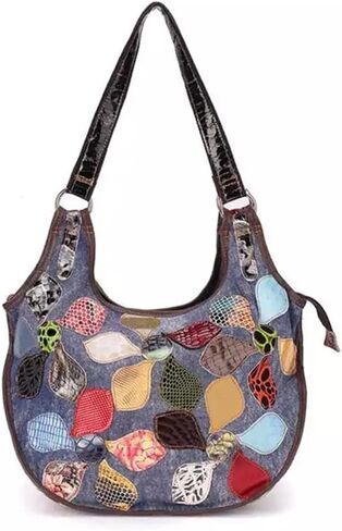 Women Hobo Bag Canvas and Leather Shoulder Bag Flower Pattern Spliced Handbag Multicolor Patchwork Tote Purses in Saudi Arabia