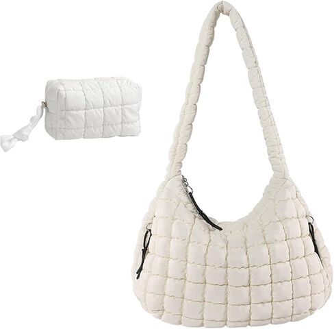 Women Large Quilted Tote Bag Lightweight Quilted Carryall GYM Bag Soft Puffy Crossbody Bag Hobo Handbags Wallet (Beige) in Kuwait