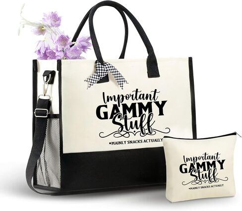 InnoBeta Gammy Gifts Canvas Tote Bag for Grandma, Important Gammy Stuff Bag with Top Zipper Closure and Shoulder Strap for Birthday, Mother's Day, Christmas in Saudi Arabia