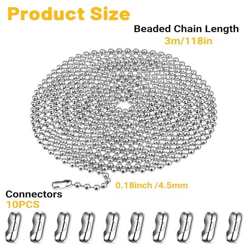 10 Feet Stainless Steel Ball Beaded Chain, 4.5mm Bead Pull Chain Extension with 10 Pieces Matching Connector Metal Ball Chains for Dog Tag, Jewelry Making Kit, DIY Crafts (Silver) in Kuwait