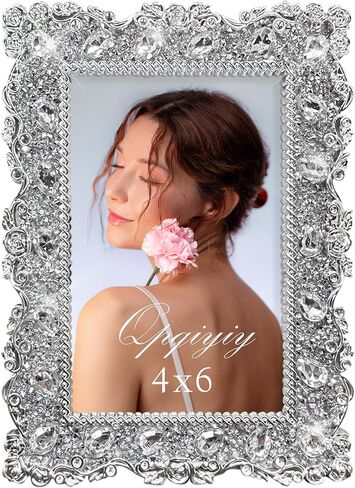4x6 Crystal Picture Frame with Tempered Glass, Elegant Jewel Photo Frame with Rhinestones for Home Decor Tabletop Horizontal and Vertical Display, Silver in Saudi Arabia