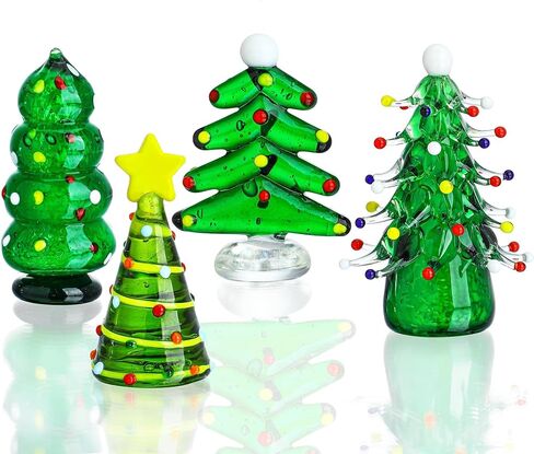 HDCRYSTALGIFTS Set 4 Blown Glass Christmas Tree Figurine Collectible Art Glass Statue Holiday Decoration Sculpture Festival Gifts Home Arts in Kuwait