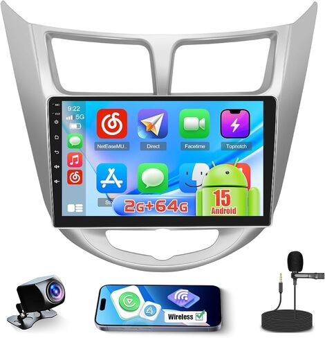 4+128GB Android 15 Car Radio for Hyundai Verna 2010-2012/Reina 2014 Wireless Carplay Android Auto, Realdio 9" in-Cell Touch Screen Stereo for Verna with WiFi Bluetooth GPS FM/RDS EQ Backup Camera MIC in Kuwait