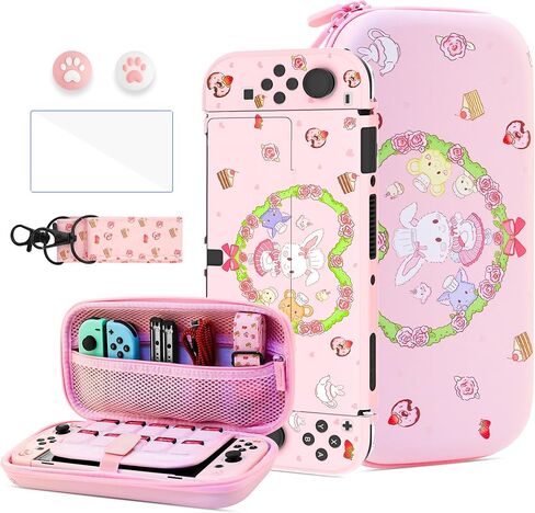Hypercase Cute Switch OLED OLED CARTING KIT للأميرة ، مع حقيبة حقيبة سفر من الوردي المتبسلة ، وحماية الشاشة ، وداحة الشاشة ، و 2 كاواي. in Kuwait