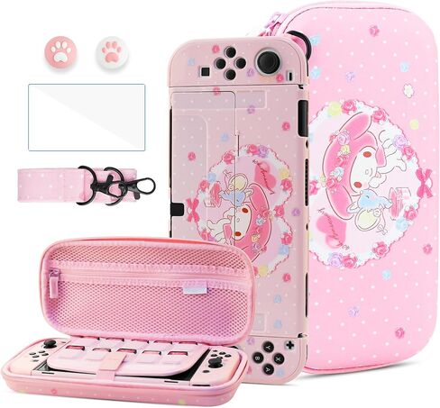 Hypercase Cute Switch OLED OLED CARTING KIT للأميرة ، مع حقيبة حقيبة سفر من الوردي المتبسلة ، وحماية الشاشة ، وداحة الشاشة ، و 2 كاواي. in Kuwait