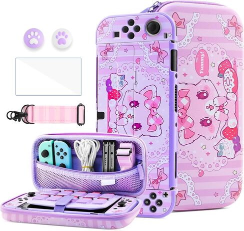 Hypercase Cute Switch OLED OLED CARTING KIT للأميرة ، مع حقيبة حقيبة سفر من الوردي المتبسلة ، وحماية الشاشة ، وداحة الشاشة ، و 2 كاواي. in Kuwait
