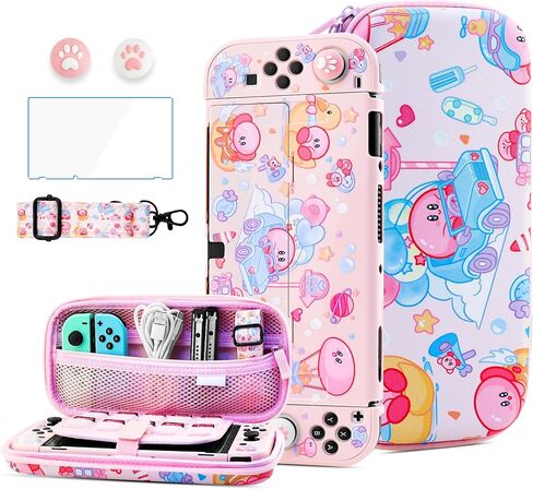 Hypercase Cute Switch OLED OLED CARTING KIT للأميرة ، مع حقيبة حقيبة سفر من الوردي المتبسلة ، وحماية الشاشة ، وداحة الشاشة ، و 2 كاواي. in Kuwait