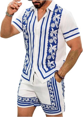 WDIRARA Men's 2 Piece Outfit Graphic Button Down Shirts Shorts Set Beach Vacation Outfits Multicolor Small in Saudi Arabia
