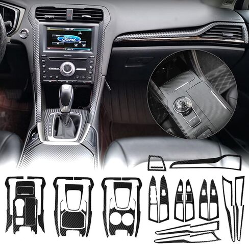 غطاء تغليف من الفينيل للوحة القيادة المركزية لوحدة التحكم باللون الأسود غير اللامع من ألياف الكربون الداخلية مقطوعة مسبقًا لمسند الذراع ولوحة التحكم الواقية ملحقات ملصق الديكور لسيارة Ford Fusion 2013-2021 in Kuwait