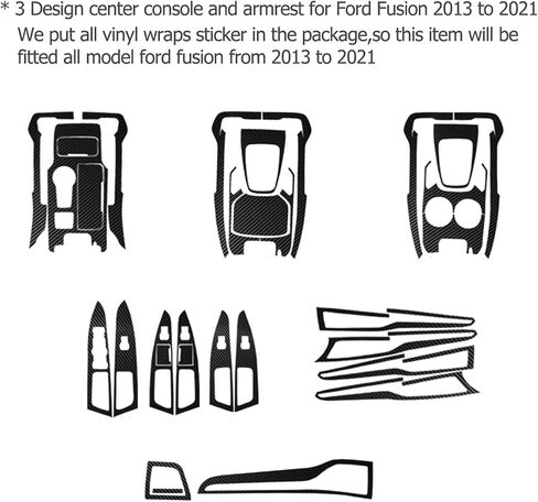 غطاء تغليف من الفينيل للوحة القيادة المركزية لوحدة التحكم باللون الأسود غير اللامع من ألياف الكربون الداخلية مقطوعة مسبقًا لمسند الذراع ولوحة التحكم الواقية ملحقات ملصق الديكور لسيارة Ford Fusion 2013-2021 in Kuwait