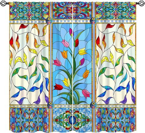 Abstract Stained Glass Curtains, Flowers Swirls Stained Glass Style Window Print Vintage Window Treatments, Rod Pocket Thermal Insulated Drapes for Bedroom Living Room, 42" W X 45" L【Decor】 in Kuwait