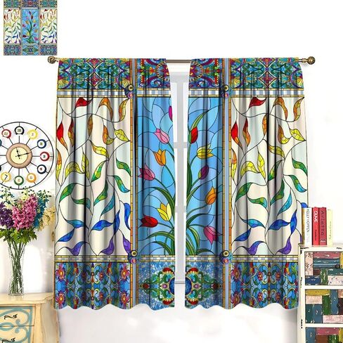 Abstract Stained Glass Curtains, Flowers Swirls Stained Glass Style Window Print Vintage Window Treatments, Rod Pocket Thermal Insulated Drapes for Bedroom Living Room, 42" W X 45" L【Decor】 in Kuwait