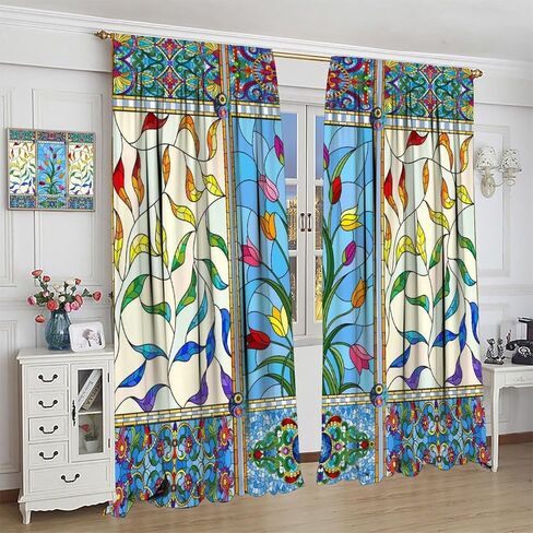 Abstract Stained Glass Curtains, Flowers Swirls Stained Glass Style Window Print Vintage Window Treatments, Rod Pocket Thermal Insulated Drapes for Bedroom Living Room, 42" W X 45" L【Decor】 in Kuwait