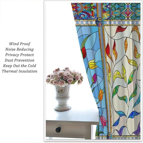 Abstract Stained Glass Curtains, Flowers Swirls Stained Glass Style Window Print Vintage Window Treatments, Rod Pocket Thermal Insulated Drapes for Bedroom Living Room, 42" W X 45" L【Decor】 in Kuwait