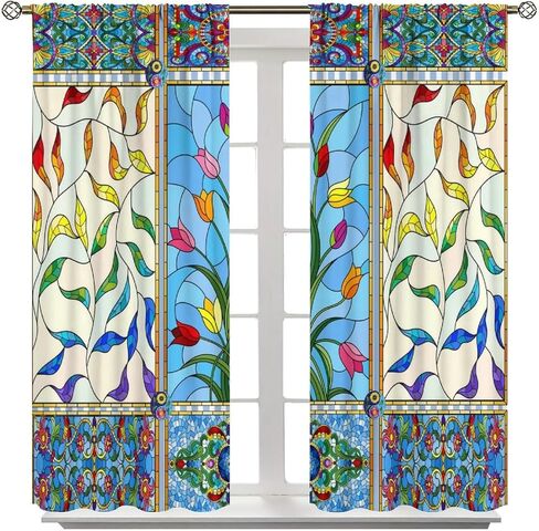 Abstract Stained Glass Curtains, Flowers Swirls Stained Glass Style Window Print Vintage Window Treatments, Rod Pocket Thermal Insulated Drapes for Bedroom Living Room, 42" W X 45" L【Decor】 in Kuwait