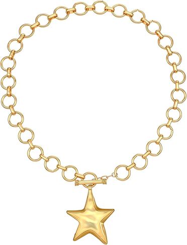 Chunky Gold Star Necklace, Hammered Statement Star Pendant Gold Chain Necklaces with Thick Chain Vintage Bold Jewelry for Women Adjustable Trendy Gifts for Women in Kuwait