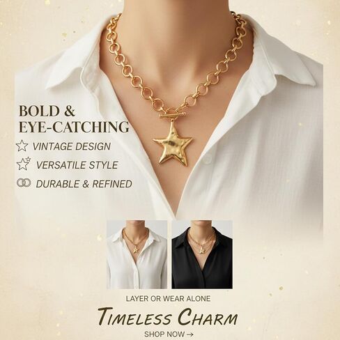 Chunky Gold Star Necklace, Hammered Statement Star Pendant Gold Chain Necklaces with Thick Chain Vintage Bold Jewelry for Women Adjustable Trendy Gifts for Women in Kuwait