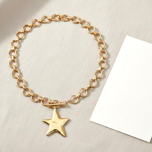 Chunky Gold Star Necklace, Hammered Statement Star Pendant Gold Chain Necklaces with Thick Chain Vintage Bold Jewelry for Women Adjustable Trendy Gifts for Women in Kuwait