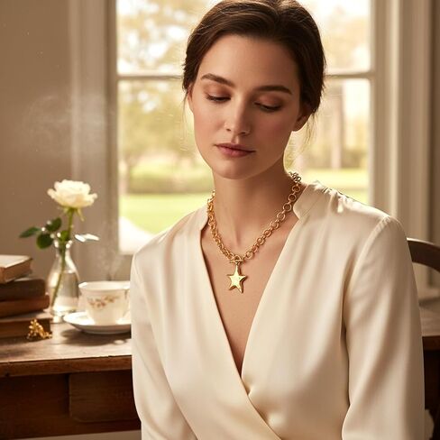 Chunky Gold Star Necklace, Hammered Statement Star Pendant Gold Chain Necklaces with Thick Chain Vintage Bold Jewelry for Women Adjustable Trendy Gifts for Women in Kuwait