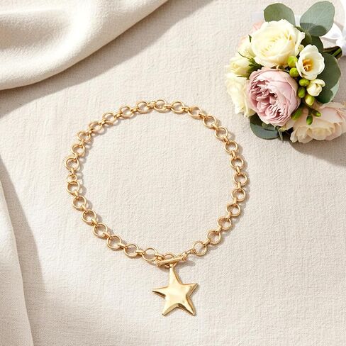 Chunky Gold Star Necklace, Hammered Statement Star Pendant Gold Chain Necklaces with Thick Chain Vintage Bold Jewelry for Women Adjustable Trendy Gifts for Women in Kuwait