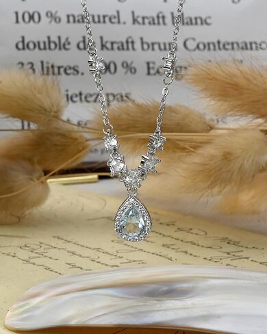 Silver Aquamarine Light Blue Teardrop Pendant Birthstone Crystal Adjustable Necklace Chain Cubic Zirconia Thin Necklace for Women in Kuwait