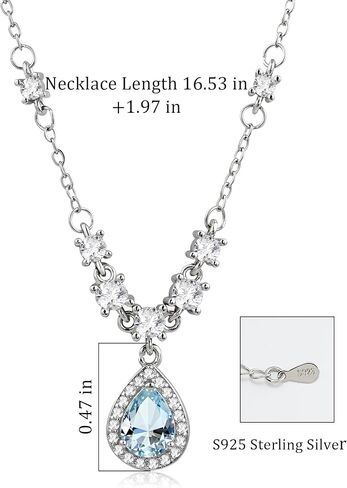 Silver Aquamarine Light Blue Teardrop Pendant Birthstone Crystal Adjustable Necklace Chain Cubic Zirconia Thin Necklace for Women in Kuwait
