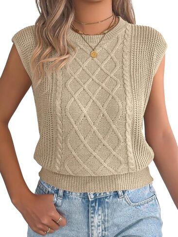 Women's Summer Cap Sleeve Tops, Cable Knit Crewneck, Dressy Trendy Loose Fit Lightweight Sweater Vest in Saudi Arabia