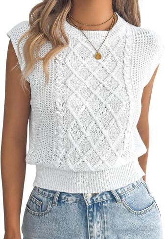 Women's Summer Cap Sleeve Tops, Cable Knit Crewneck, Dressy Trendy Loose Fit Lightweight Sweater Vest in Saudi Arabia