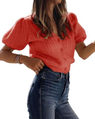 Bianstore Women's Puff Short Sleeve Sweater Casual V Neck Cardigan Tops Ribbed Knit Button Down Shirts in Saudi Arabia