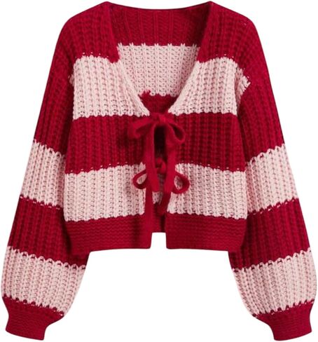 GORGLITTER Women's Chunky Knit Cardigan Bow Tie Front Color Block Long Sleeve Trendy Cardigans Sweaters in Saudi Arabia
