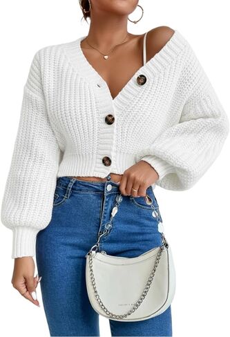 LIGHT DOT Women's Chunky Crop Cardigan Sweater Button Up Cable Knit Short Sweater Coat Long Sleeve Loose in Kuwait