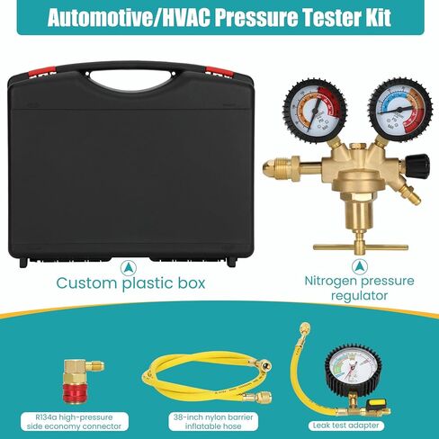 53010 مجموعة أدوات اختبار ضغط التدفئة والتهوية وتكييف الهواء للسيارات، منظم ضغط النيتروجين، خرطوم الشحن، محول كشف التسرب، موصل R134a، صناديق بلاستيكية مصبوبة مخصصة، أدوات اختبار الضغط الاحترافية in Kuwait