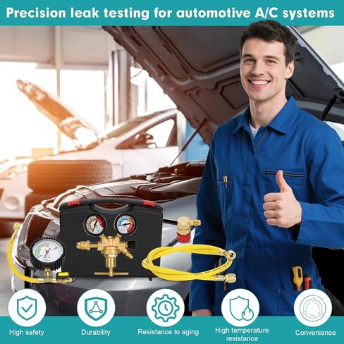 53010 مجموعة أدوات اختبار ضغط التدفئة والتهوية وتكييف الهواء للسيارات، منظم ضغط النيتروجين، خرطوم الشحن، محول كشف التسرب، موصل R134a، صناديق بلاستيكية مصبوبة مخصصة، أدوات اختبار الضغط الاحترافية in Kuwait