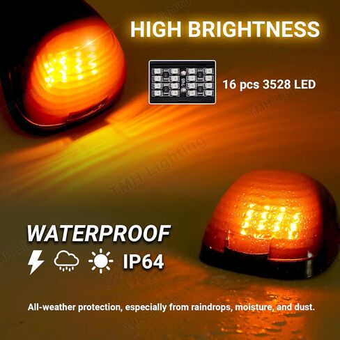 TMH 5 pcs 3.9 Inch Smoked Lens Amber Light with 16 LED Cab Top Roof Marker Lights for Super Duty Pickup 1999-2016 Ford E-150 E-250 E-350 Trailers Trucks Cab 12V DC in Saudi Arabia