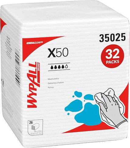 WypAll X50 Disposable Cloths (35025), Strong for Extended Use, Quarterfold, White, 32 Packs / Case, 26 Sheets / Pack, 832 Sheets / Case in Kuwait