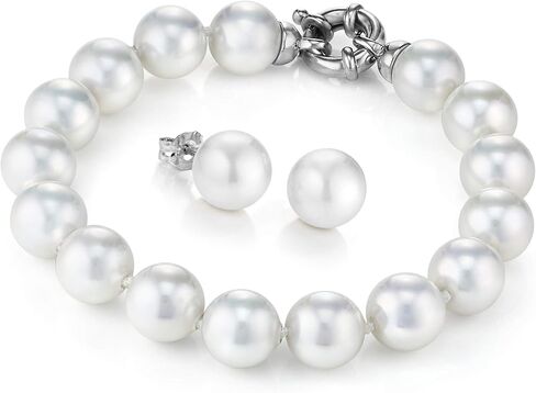 10mm 7.5 inch White Pearl Rhodium Bracelet with 10mm White Stud Earring Set, Lustrous, Man-Made Organic Pearls from Majorca Spain in Saudi Arabia