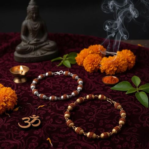 مجموعة من سوار سلسلة رودراكشا 5 مطلي بالفضة والذهب الأصلي من 5 موخي كاب شيفا، مجوهرات روحية هندوسية in Kuwait