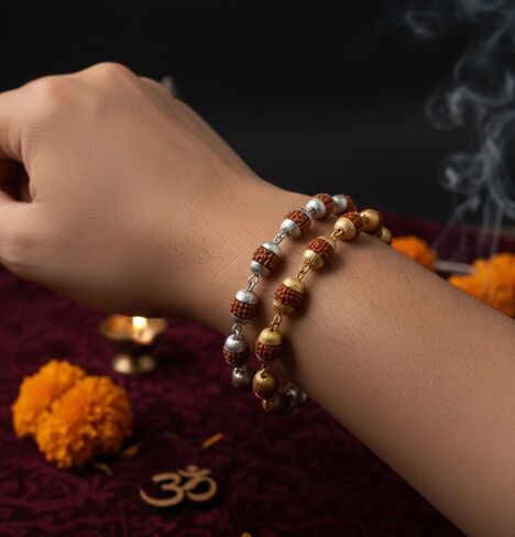 مجموعة من سوار سلسلة رودراكشا 5 مطلي بالفضة والذهب الأصلي من 5 موخي كاب شيفا، مجوهرات روحية هندوسية in Kuwait