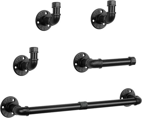 NearMoon 5-Pieces Industrial Pipe Bathroom Hardware Set, Include 18 Inch Towel Bar, Toilet Paper Holder and 3 Robe Hooks, Heavy Duty DIY Style Wall Mounted Rustic Decor Accessories Kit (Black) in Kuwait