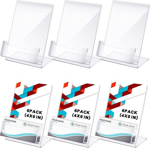 Crtiin 6 Pcs 4 x 6 Inch Acrylic Slanted Sign Holder with Business Card Holders Clear Display Stand Flyer Stand with Gift Card Holder Slanted Paper Holder for Office Table Advertisement Brochure in Kuwait