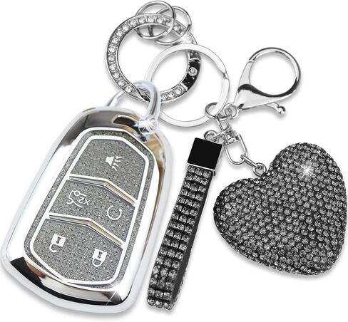 Compatible with Cadillac Key Fob Cover with Heart Keychain for Women, Compatible with Cadillac Escalade ATS CTS STS SRX XT5 CT6 Smart Remote Key Protector (5 Buttons-Black) in Saudi Arabia
